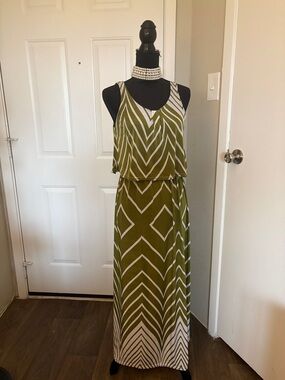 Sleeveless Olive Chevron Maxi Dress with Layered Bodice